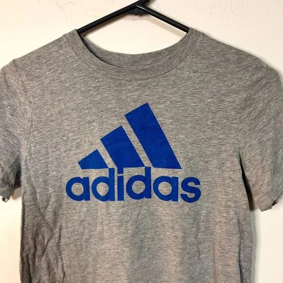 Adidas T-Shirt Kids Small Heather Gray Graphic Logo Cotton Blend Short Sleeve - Picture 3 of 7